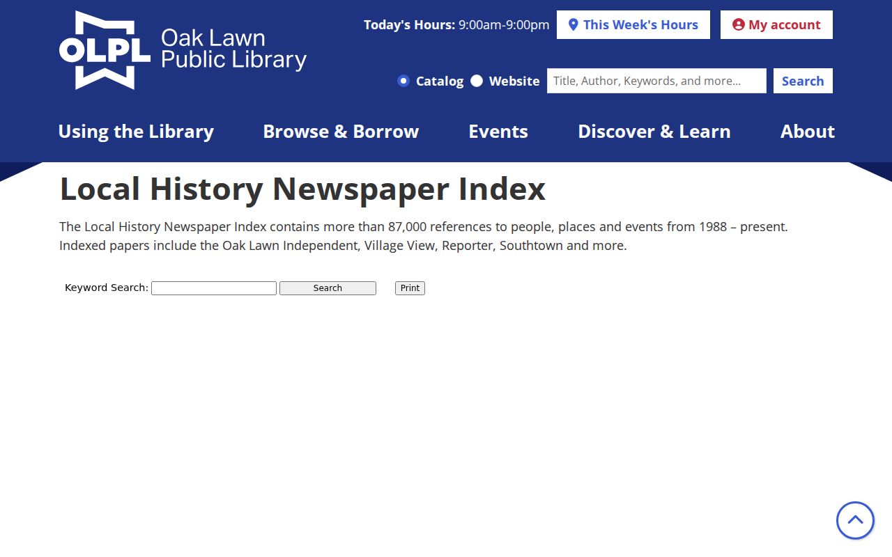 Oak Lawn Public Library local newspaper name and event index