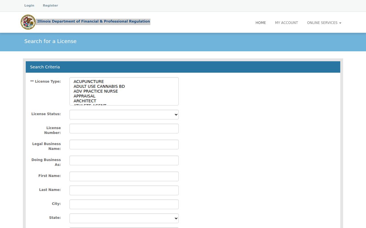 Illinois professional license form for Oak Lawn resident verification