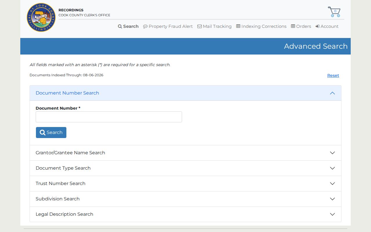 Cook County recordings advanced search fields for deeds and legal descriptions
