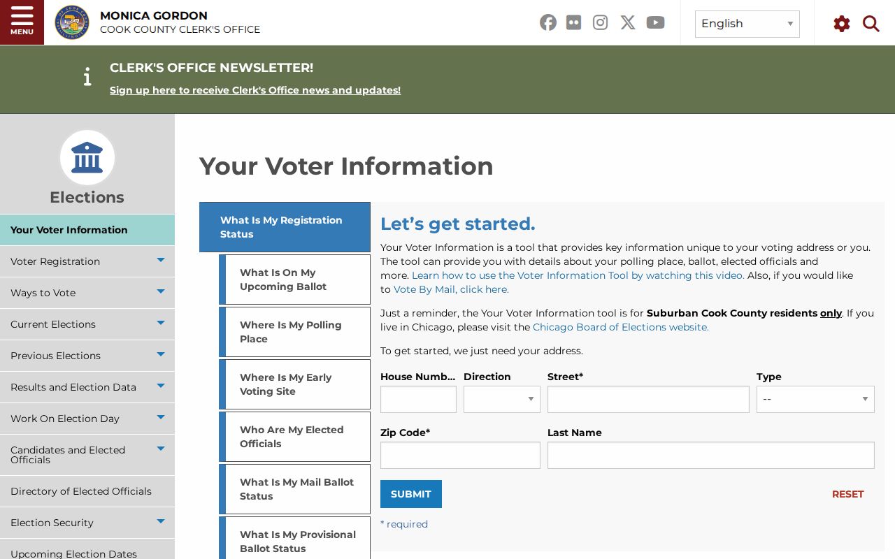 Cook County voter information page for checking registration and election details by address